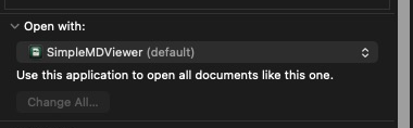 Finder Get Info Open with section showing SimpleMD Viewer as the default app