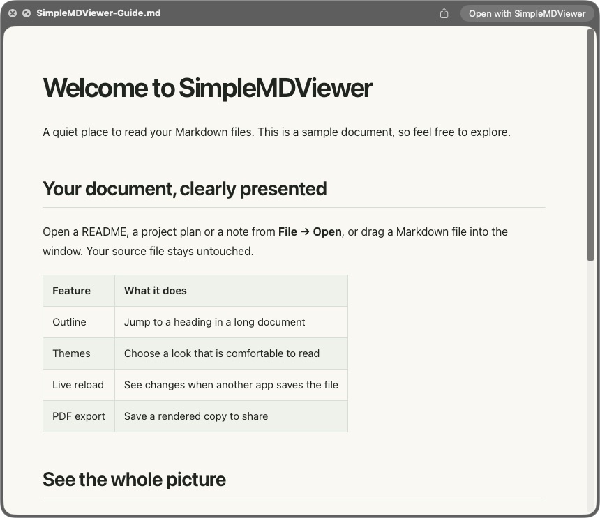 A sample Markdown document shown in a Finder Quick Look window