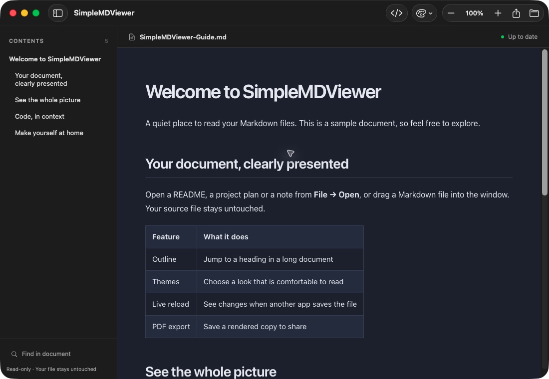 SimpleMD Viewer showing a sample Markdown document with its outline and reading controls